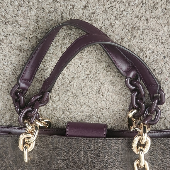 Michael Kors Cynthia Leather Satchel Brown/Purple - Picture 2 of 4